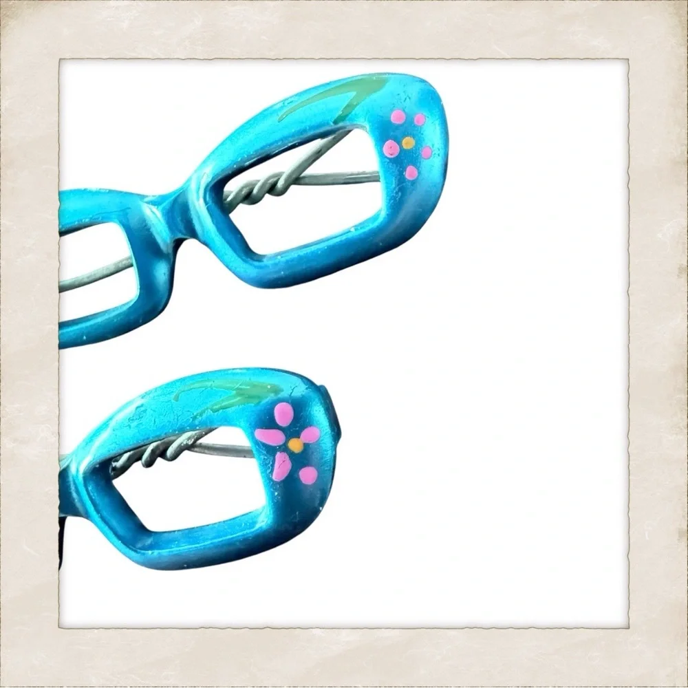 Vintage Cateye Glasses Barrettes‎ Hair Clips, Hand Painted Blue, Deadstock, 2”